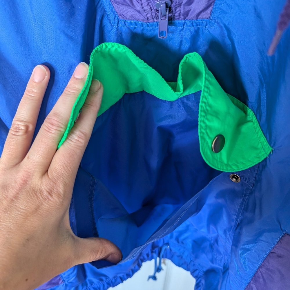 Vintage Badge Windbreaker, Neon Green, Blue, & Purple Hooded Half- Zip, Size L - Picture 7 of 14